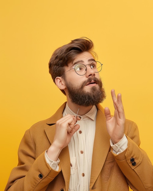 un hombre con gafas y una chaqueta marrón con barba