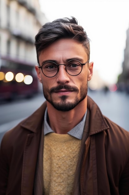 Un hombre con gafas y una chaqueta marrón se para en una calle.