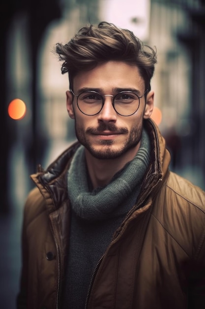 Un hombre con gafas y una chaqueta marrón.