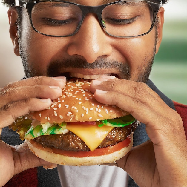 Foto un hombre con gafas está comiendo una hamburguesa grande