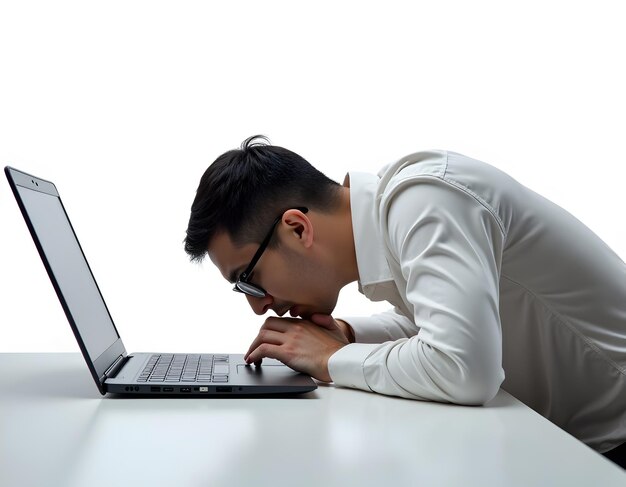 un hombre con gafas está mirando una computadora portátil que tiene la palabra macbook en él