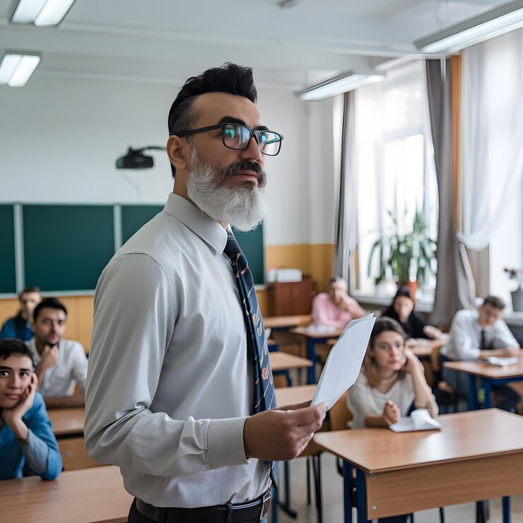 un hombre con gafas está de pie frente a una clase