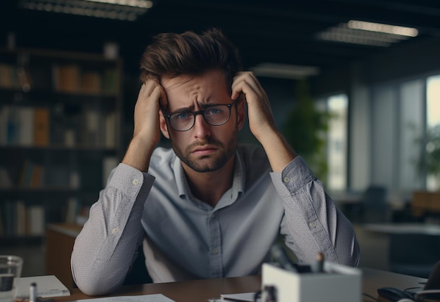 un hombre con gafas está sentado en un escritorio con un libro detrás de él.