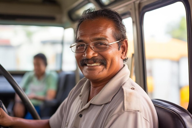 un hombre con gafas está sonriendo mientras viaja en un autobús