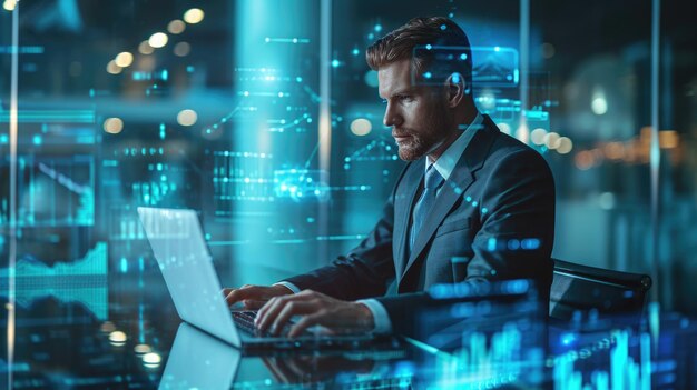 Hombre con gafas está trabajando en una computadora portátil en una habitación débilmente iluminada con un efecto bokeh de luces de la ciudad en el fondo cubierto con una red de conexiones digitales