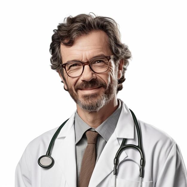 Un hombre con gafas y un estetoscopio alrededor del cuello lleva una bata blanca con una corbata marrón.