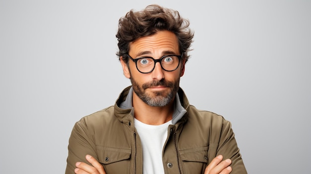 Foto un hombre con gafas con una expresión confusa