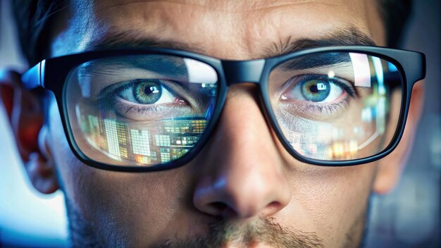 Foto hombre con gafas con fondo de ciudad ia generativa