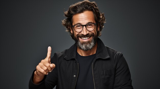 Foto un hombre con gafas con un gesto de mano que señala creado por la ia generativa