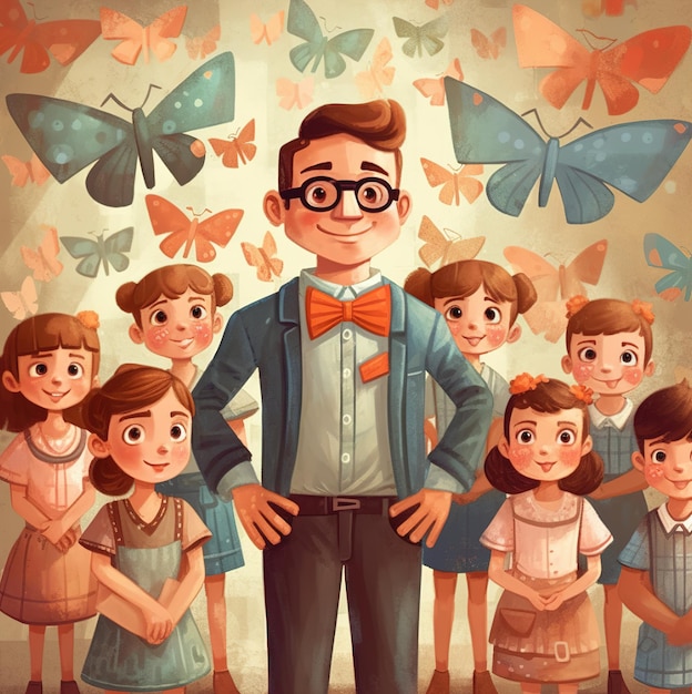 Un hombre con gafas y un grupo de niños delante de una foto de un hombre con una mariposa.