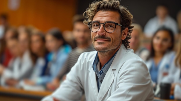 Hombre con gafas hablando a la audiencia