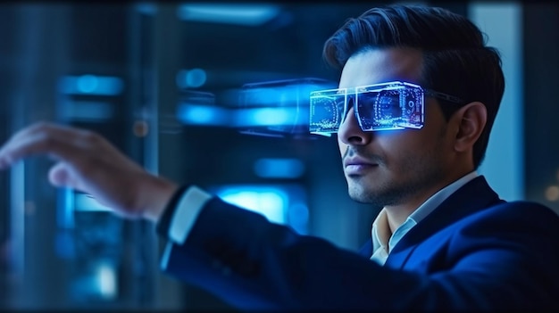Un hombre con gafas inteligentes de alta tecnología busca un icono de cadena de bloque y un sistema informático distribuido con la mano de un hombre de negocios agarrando el icono usando IA generativa