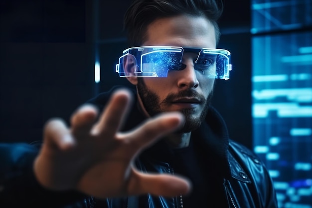 Hombre con gafas inteligentes tocando una pantalla virtual