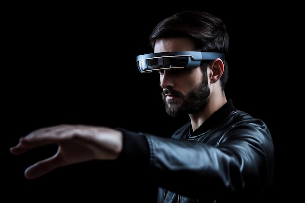 Foto hombre con gafas inteligentes tocando una pantalla virtual