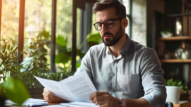 Hombre con gafas leyendo documentos en un escritorio