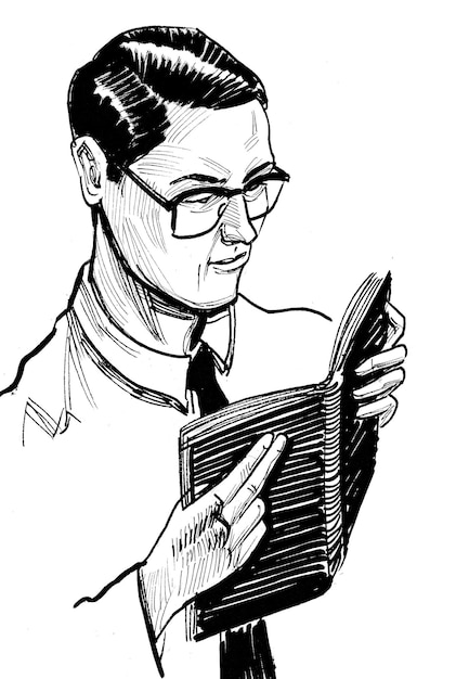 Hombre con gafas leyendo un libro. Dibujo a tinta en blanco y negro