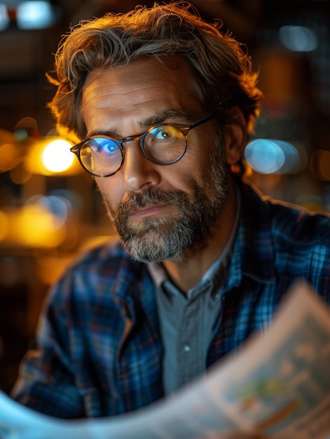 Hombre con gafas leyendo el periódico