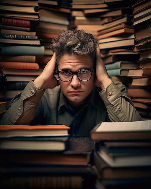 un hombre con gafas y un libro en la cabeza