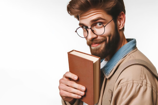 Un hombre con gafas y un libro Espacio para el texto
