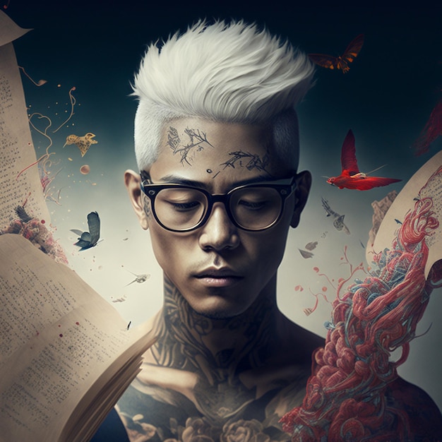 Un hombre con gafas y un libro con pájaros en él