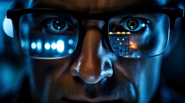 un hombre con gafas mirando algo delante de él en el estilo de la lente macro arte tecnológico