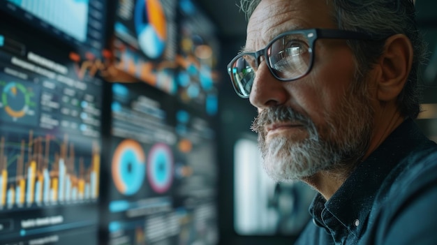 un hombre con gafas mirando una pantalla de computadora con una flecha azul apuntando a la derecha