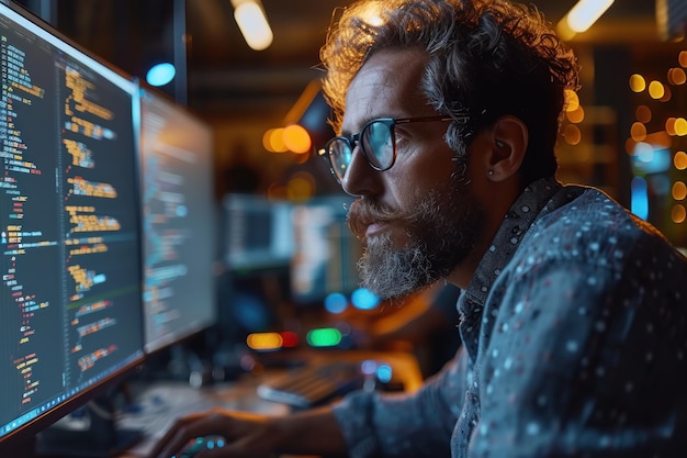 Hombre con gafas mirando la pantalla de la computadora