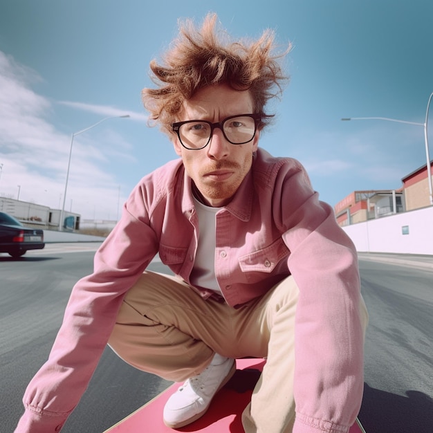 un hombre con gafas monta una patineta rosa.