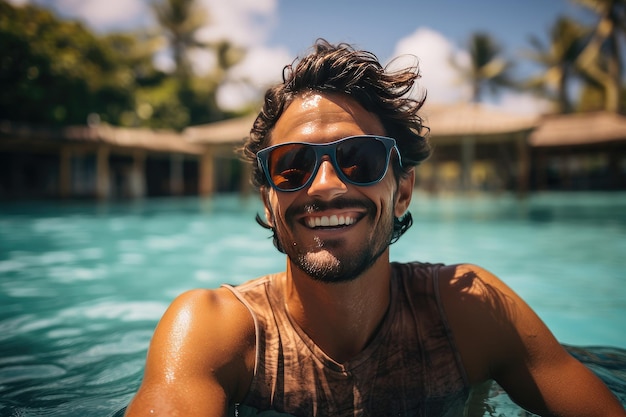 Un hombre con gafas nada en la piscina en un día soleado