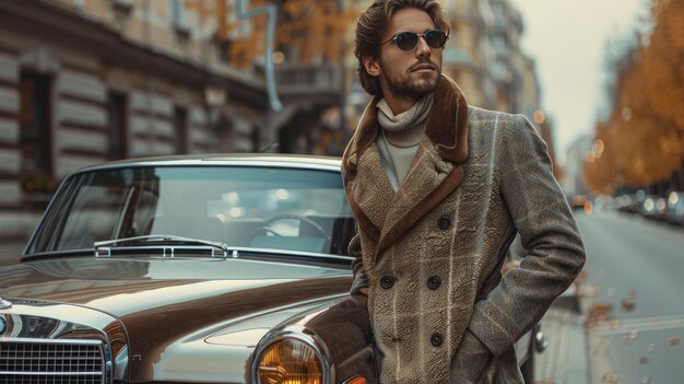 Un hombre con gafas oscuras y un abrigo elegante cerca de un coche de lujo