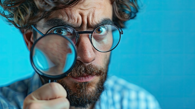 Un hombre con gafas con una pequeña lupa en la mano