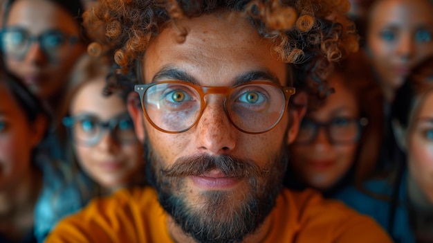 Hombre con gafas de pie frente a un grupo de personas IA generativa