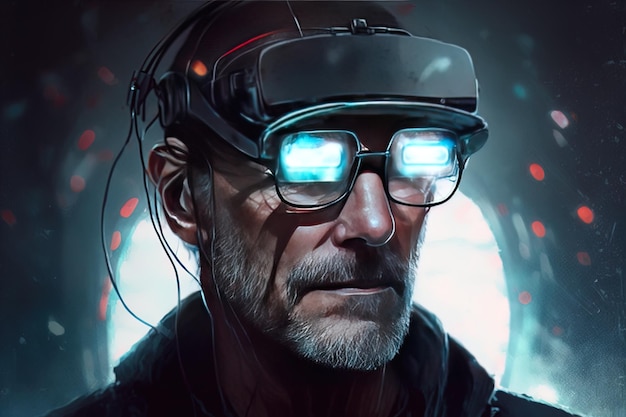 un hombre con gafas que dice realidad virtual en la parte inferior