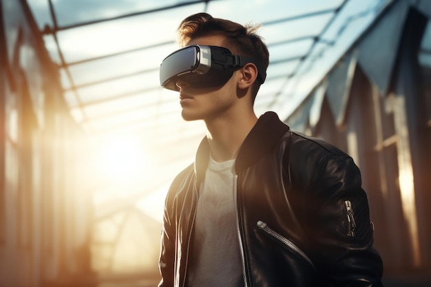 Foto hombre con gafas de realidad virtual en una calle soleada con amplio espacio para texto o gráficos