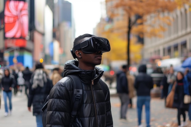 Un hombre con gafas de realidad virtual camina por la ciudad Concepto de nuevas tecnologías