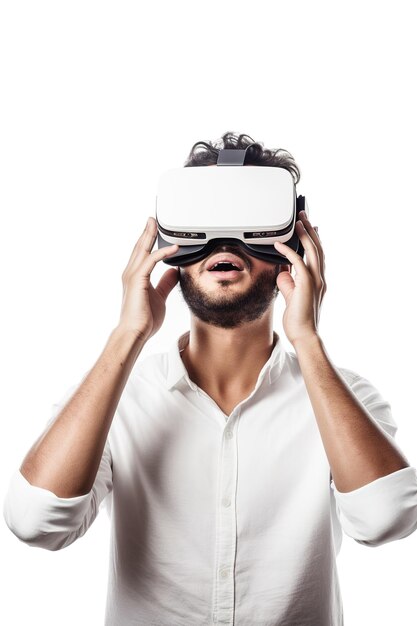 Un hombre con gafas de realidad virtual con una camisa blanca.