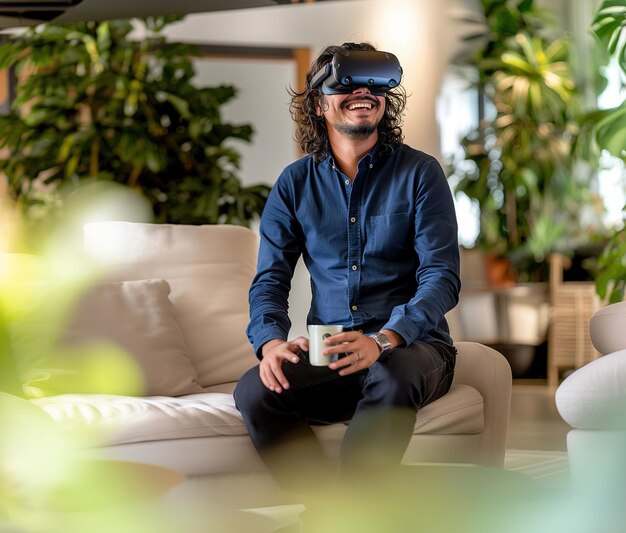 Hombre con gafas de realidad virtual disfrutando de un hogar acogedor