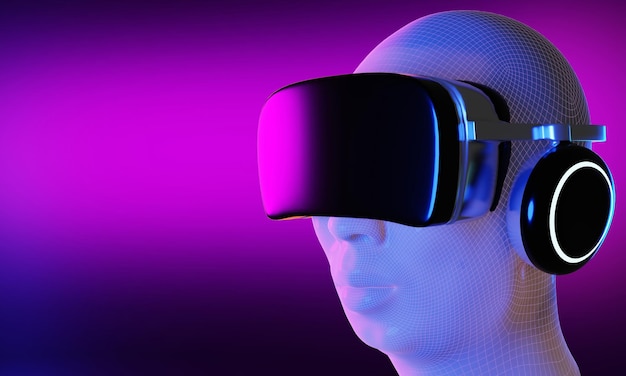 Hombre con gafas de realidad virtual para entrar en el metaverso o mundo virtual digital Tecnología del futuro virtual en tonos ligeros cyberpunk