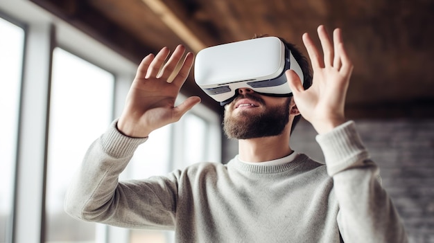 Hombre con gafas de realidad virtual en una habitación.