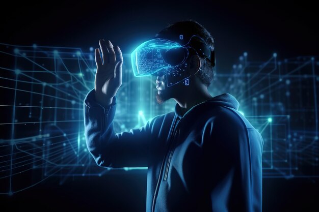 Un hombre con gafas en realidad virtual Ilustración moderna futurista Tecnologías innovadoras Generativo ai