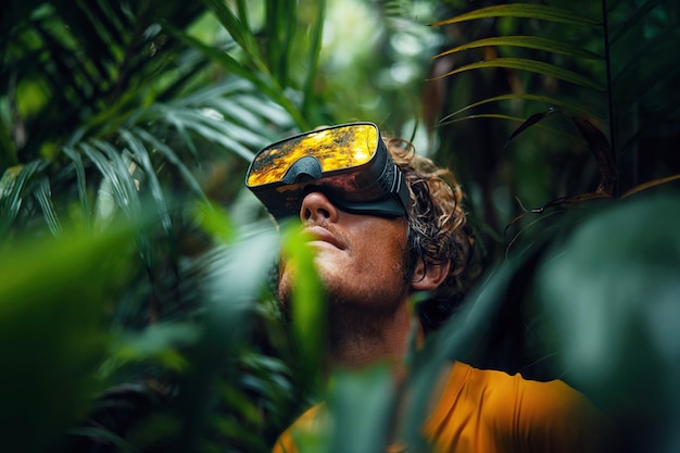 hombre en gafas de realidad virtual en la naturaleza en la jungla hombre con gafas de auriculares modernas con tecnología de realidad aumentada