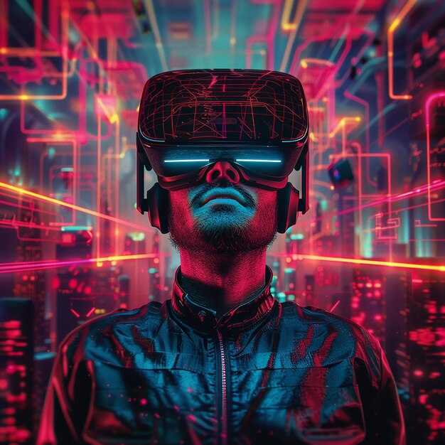 un hombre con gafas de realidad virtual que dice virtual