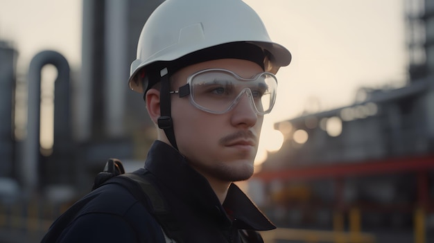 Un hombre con gafas de seguridad se para frente a una fábrica.