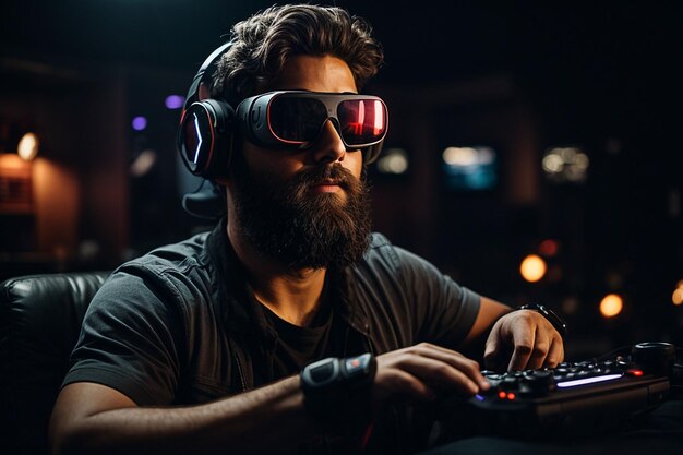 Foto hombre con gafas de simulador de realidad virtual arvr frente a las pantallas de color negro
