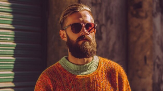 Foto un hombre con gafas de sol y barba con un suéter