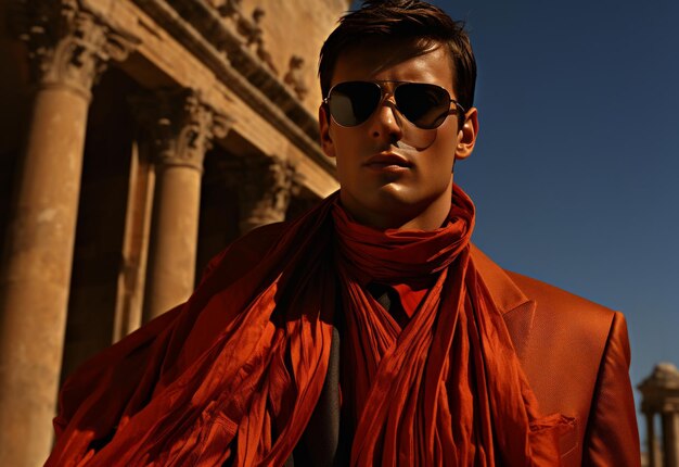 Hombre con gafas de sol y bufanda roja.