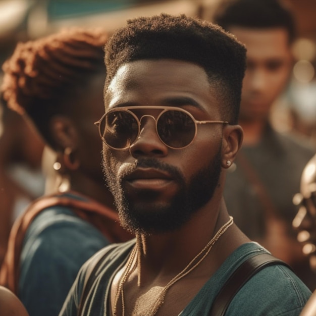 Foto un hombre con gafas de sol y una camisa azul se para en una multitud con la palabra negro.