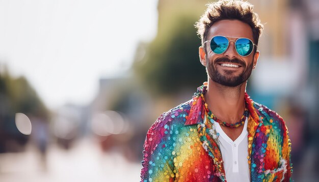 Hombre con gafas de sol y camisa brillante concepto de carnaval