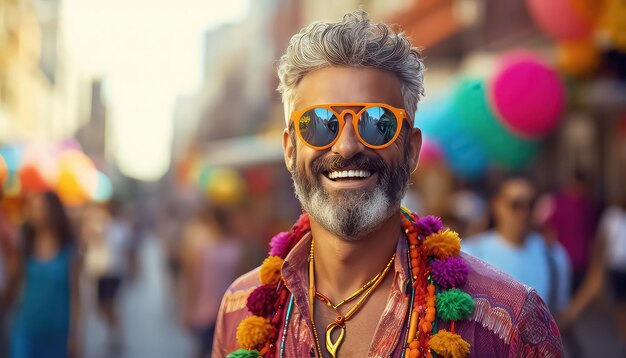 Hombre con gafas de sol y camisa brillante concepto de carnaval