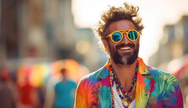 Hombre con gafas de sol y camisa brillante concepto de carnaval